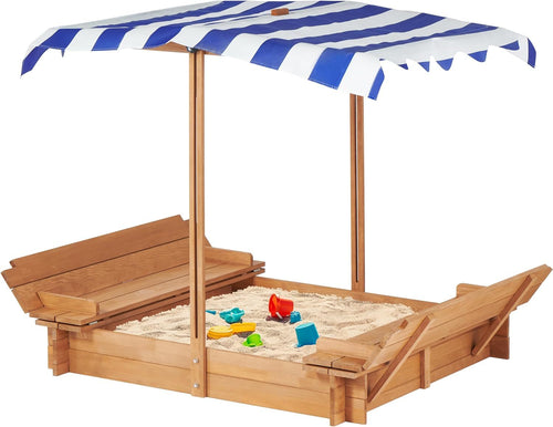 46'' Wooden Kids Sandbox with Canopy & Foldable Bench Seats