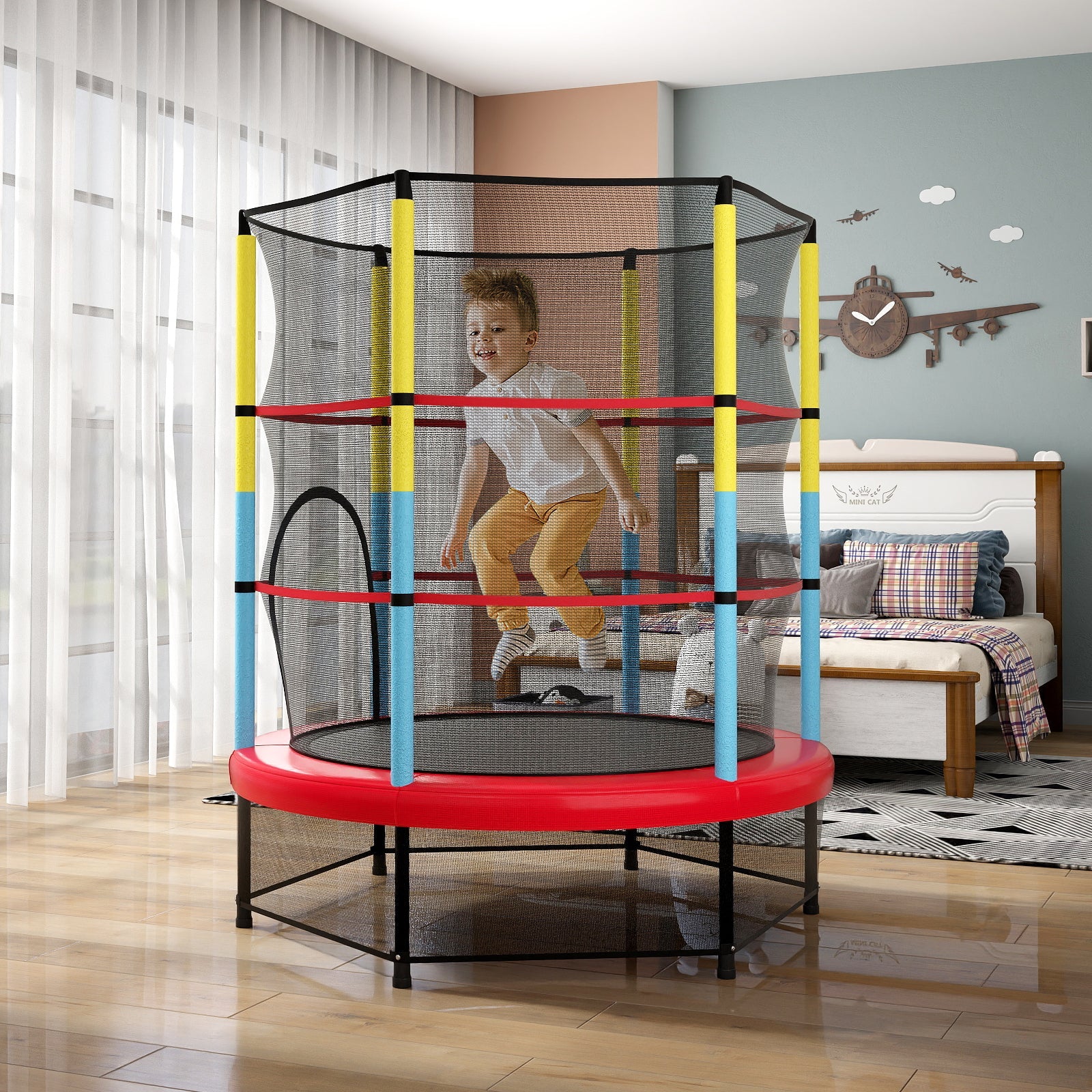55'' Kids Mini Trampoline with Safety Enclosure Net – Indoor & Outdoor