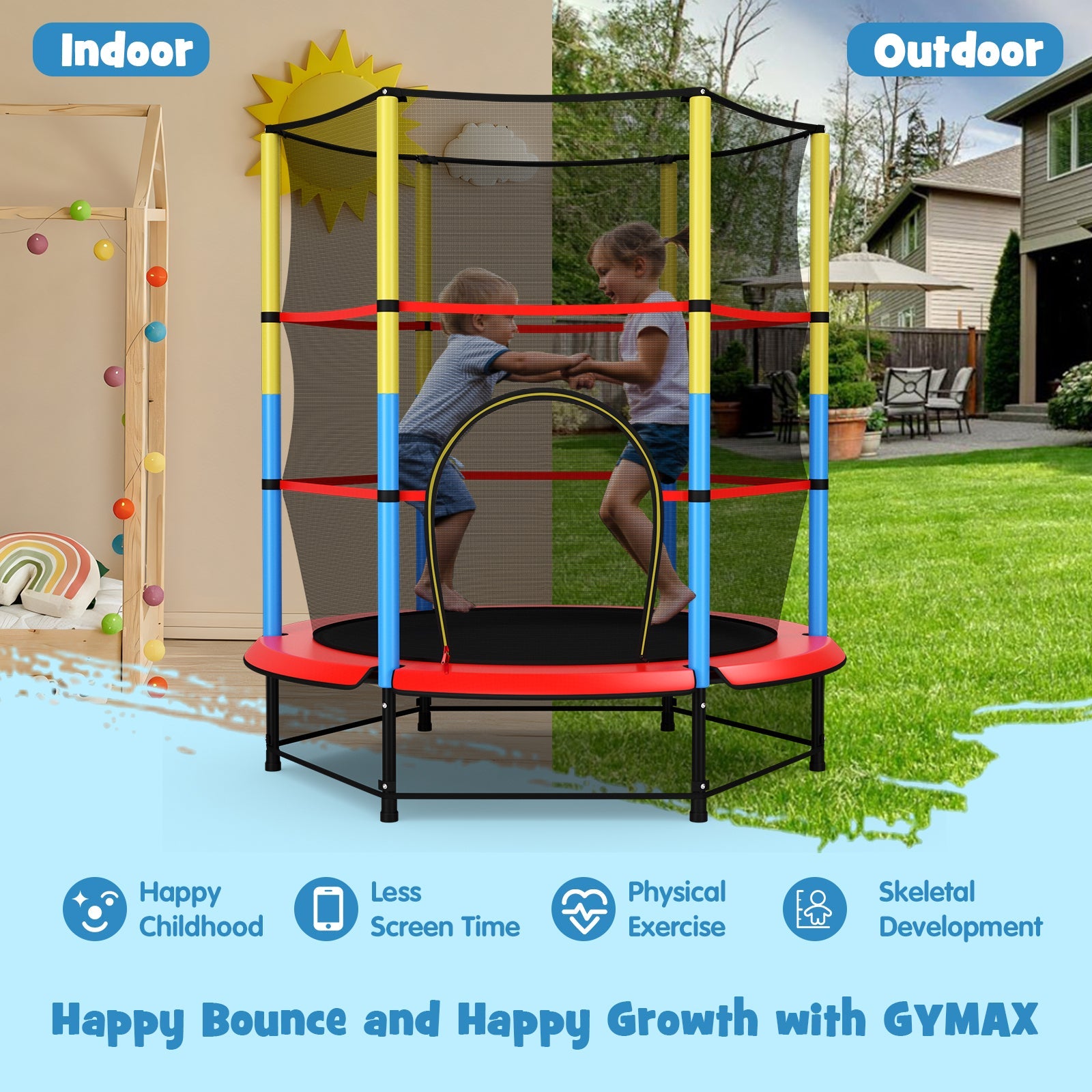 55'' Kids Mini Trampoline with Safety Enclosure Net – Indoor & Outdoor