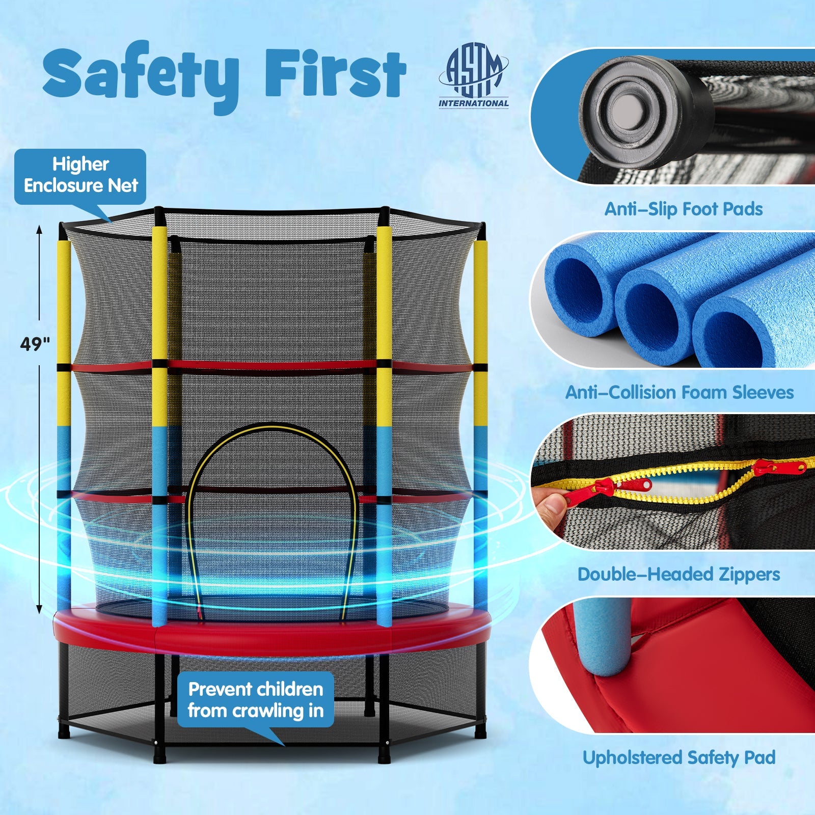 55'' Kids Mini Trampoline with Safety Enclosure Net – Indoor & Outdoor