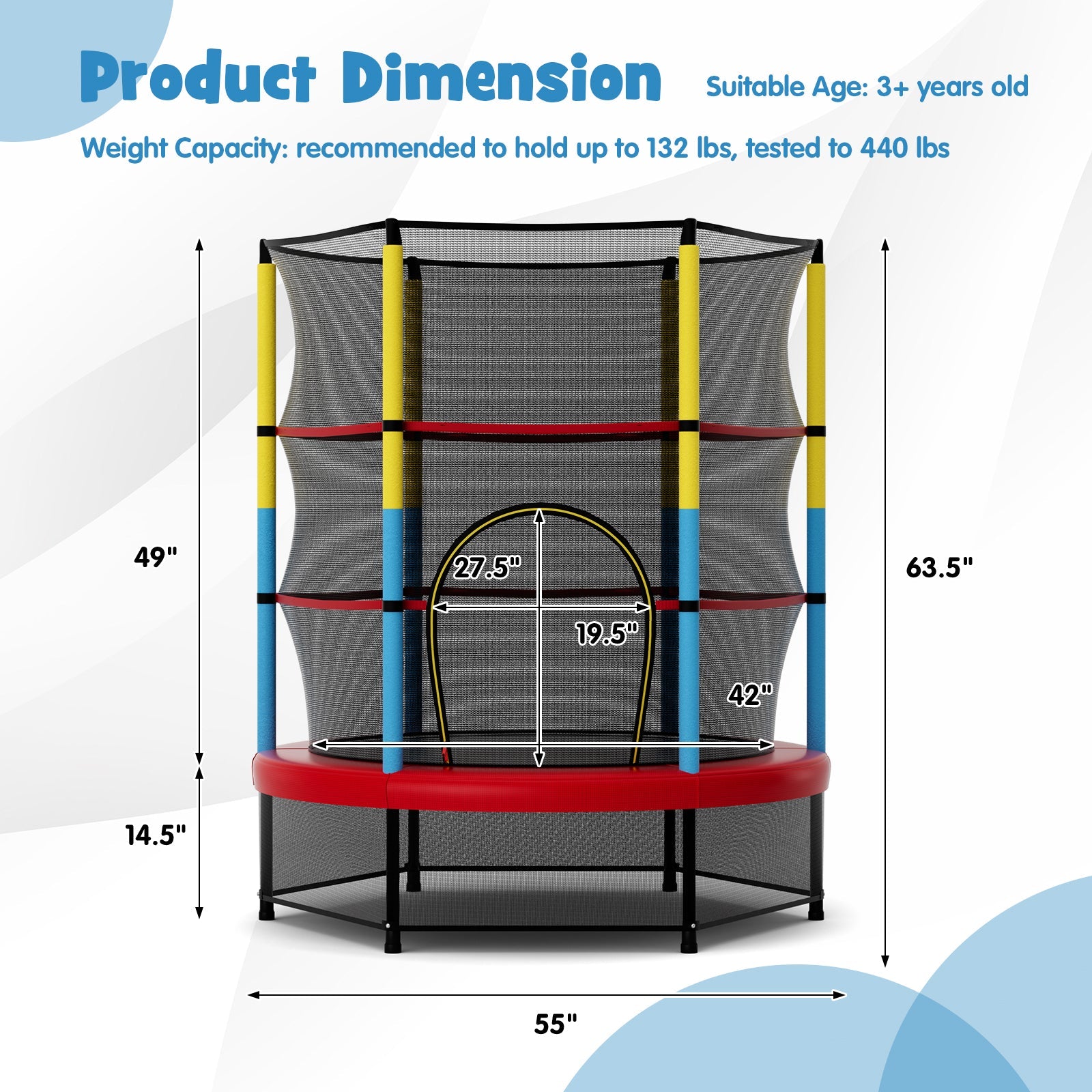 55'' Kids Mini Trampoline with Safety Enclosure Net – Indoor & Outdoor