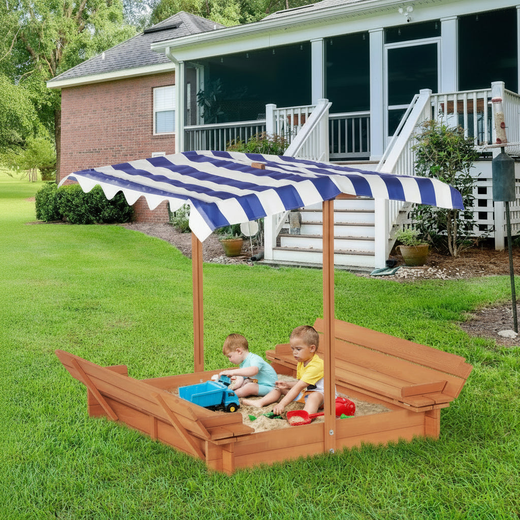 46'' Wooden Kids Sandbox with Canopy & Foldable Bench Seats