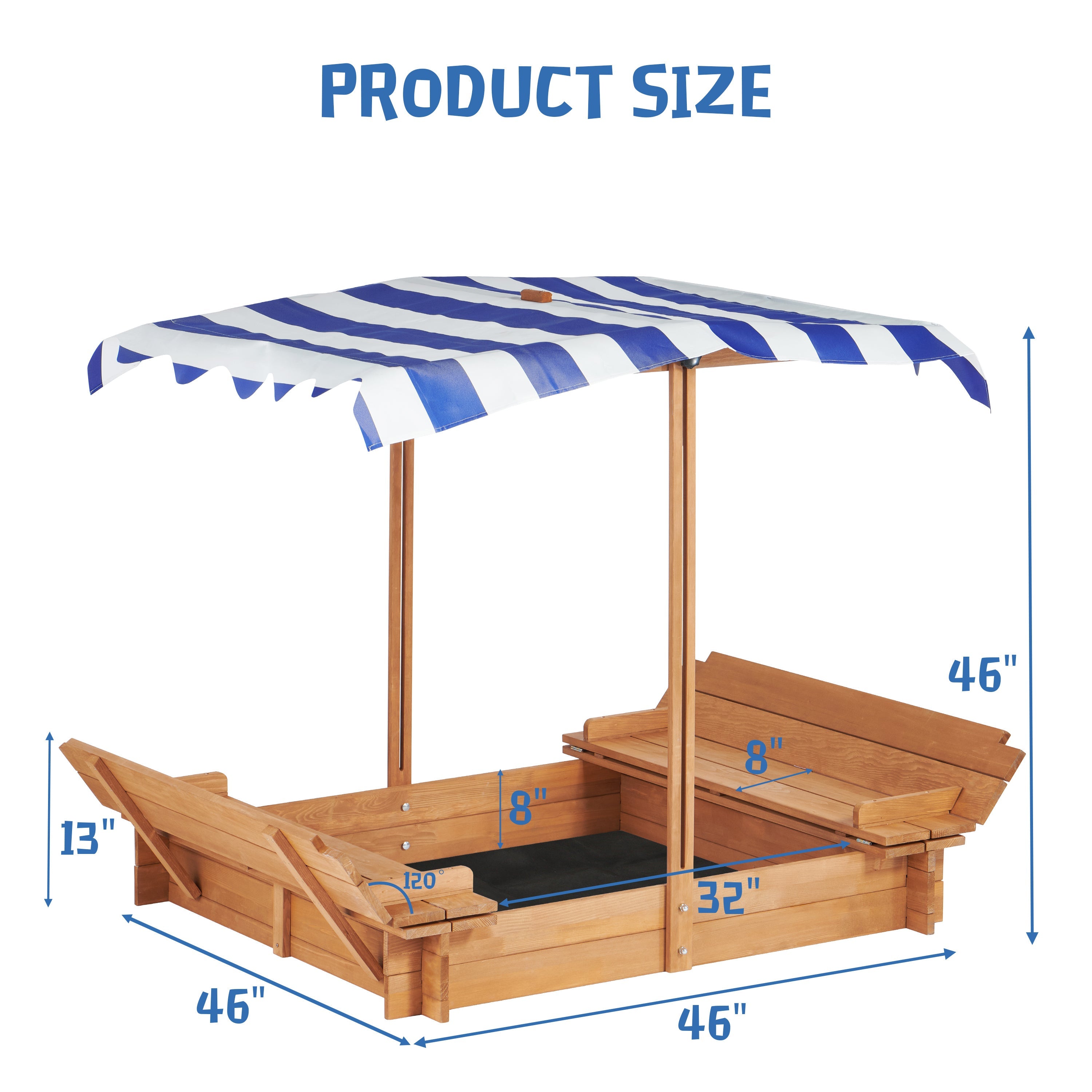 46'' Wooden Kids Sandbox with Canopy & Foldable Bench Seats