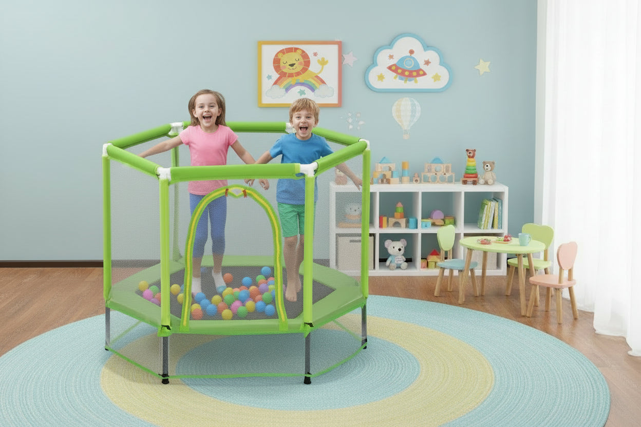 55'' Kids Trampoline with Safety Enclosure Net & Ocean Balls – Indoor Outdoor