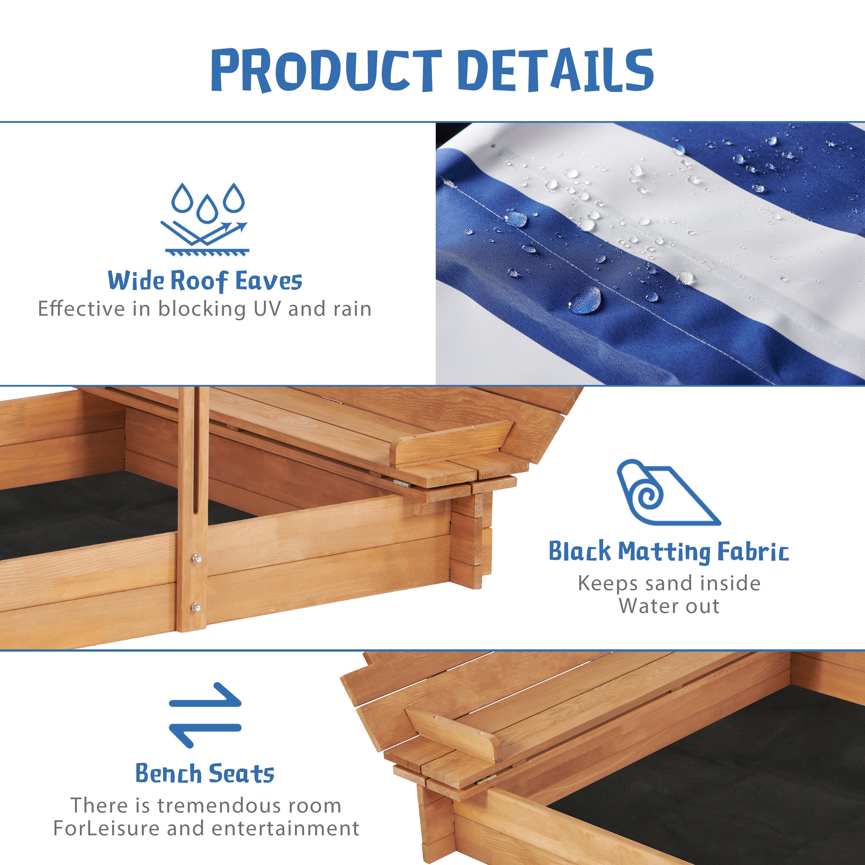 46'' Wooden Kids Sandbox with Canopy & Foldable Bench Seats